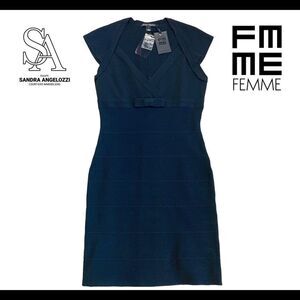 Sandra Angelozzi black short sleeve bandage bodycon V-neck dress Sz L NWT